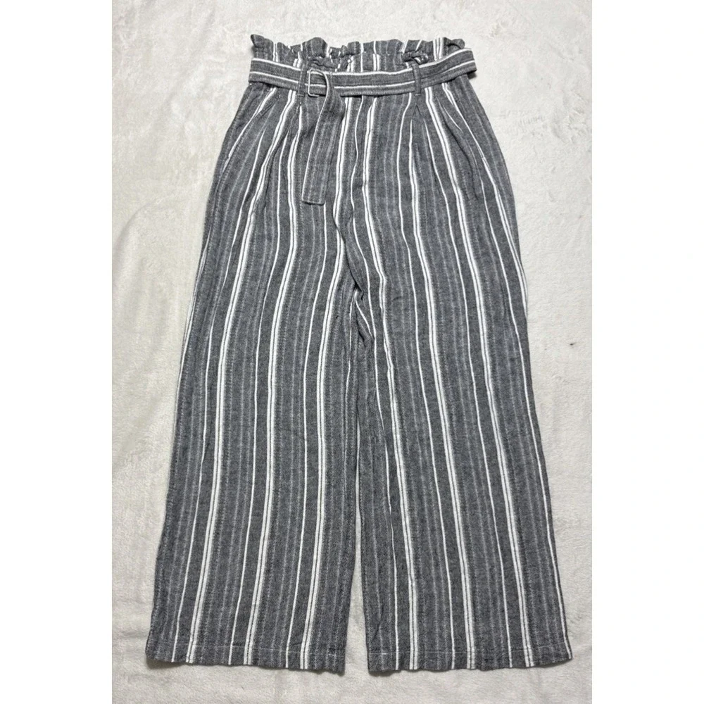 Banana Republic Wide Leg Linen Pants Gray Ivory Stripe Women's Size 6 Paper Bag